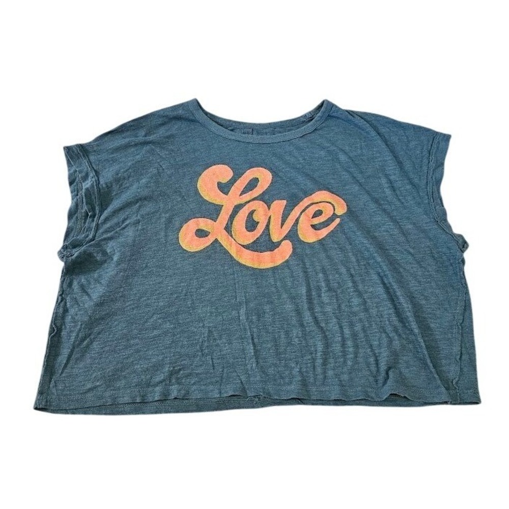Natural Life Love Graphic Boxy Crop Top Women Large Teal Blue Cotton Slub